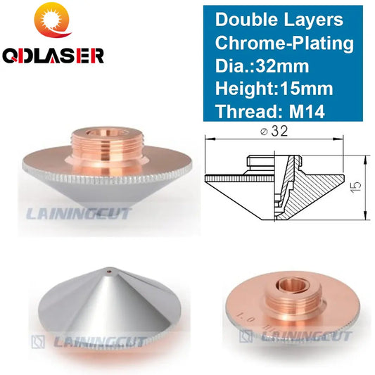 QDLASER OEM Double Layers Laser Nozzle Dia.32mm H15 M14 Caliber 0.8 - 4.0 for Precitec 1064nm Fiber Laser Cutting Head Machine