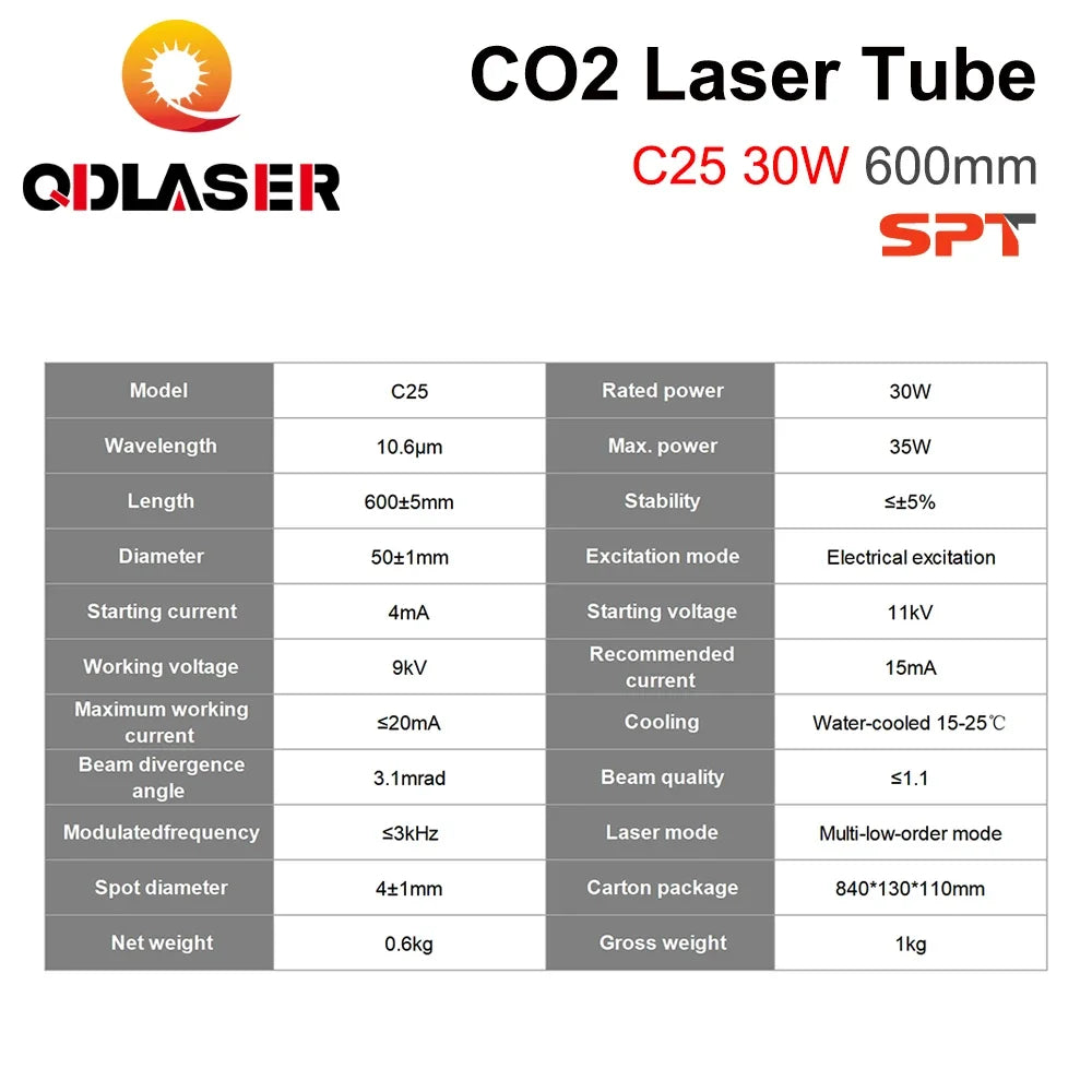 QDLASER SPT C25 30-35W Co2 Laser Tube Length 600mm Diameter 50mm for CO2 Laser Engraving Cutting Machine