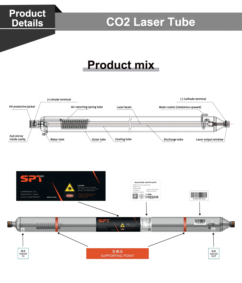 QDLASER SPT T40 40-50W Co2 Laser Tube Length 800mm Dia 80mm for CO2 Laser Engraving And Cutting Machine