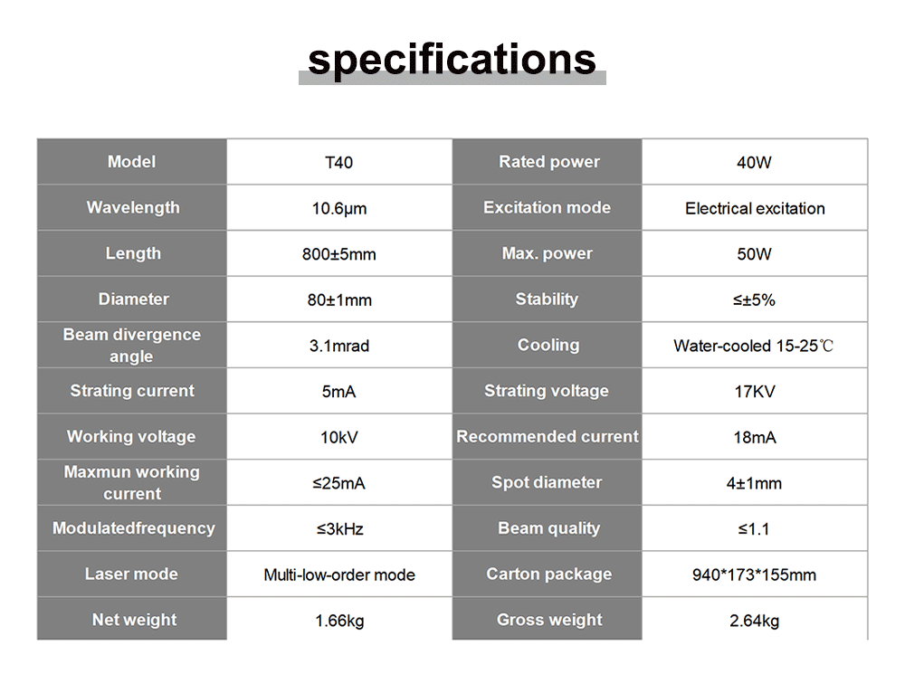 QDLASER SPT T40 40-50W Co2 Laser Tube Length 800mm Dia 80mm for CO2 Laser Engraving And Cutting Machine