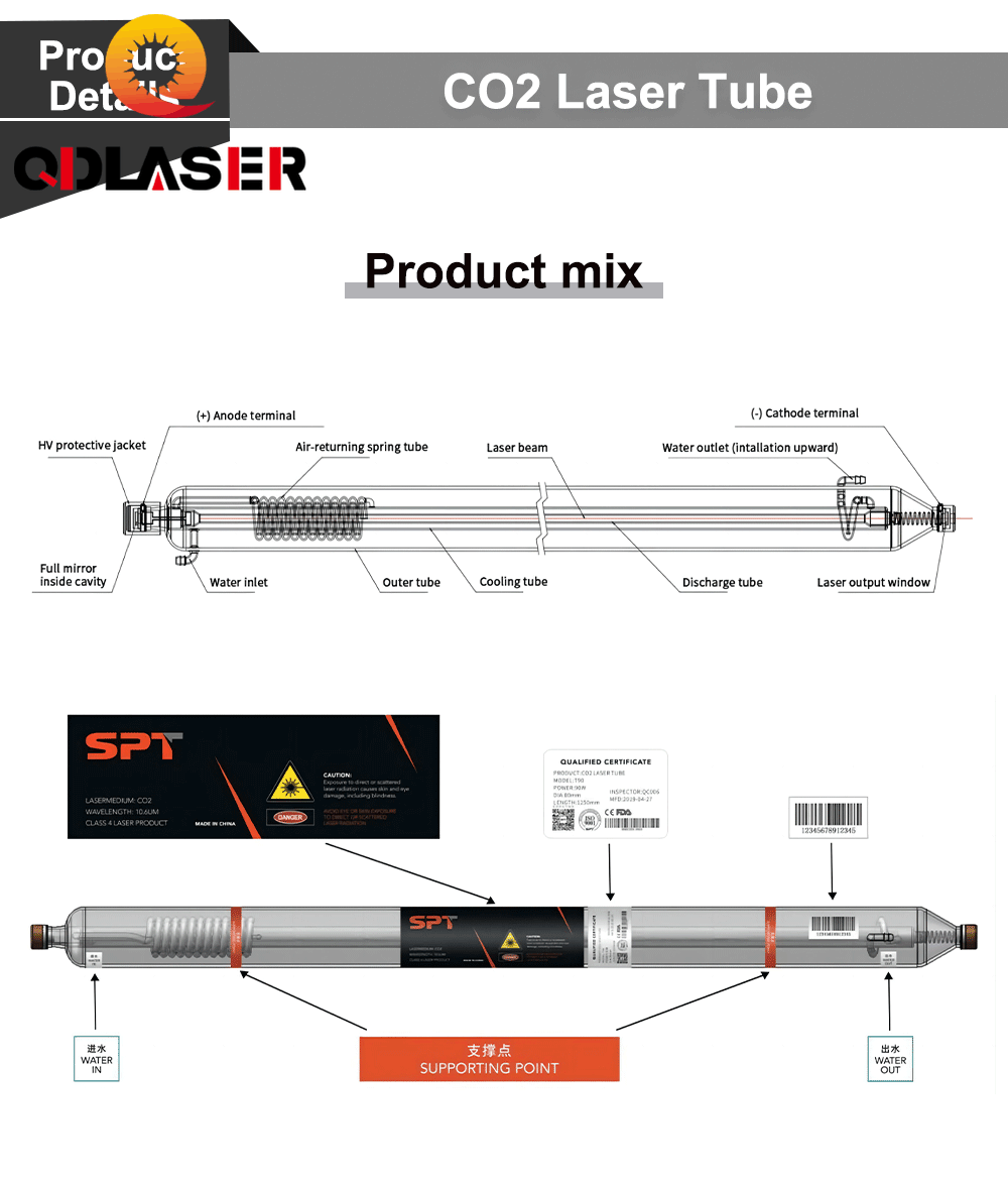 QDLASER SPT T40 40-50W Co2 Laser Tube Length 800mm Dia 80mm for CO2 Laser Engraving And Cutting Machine