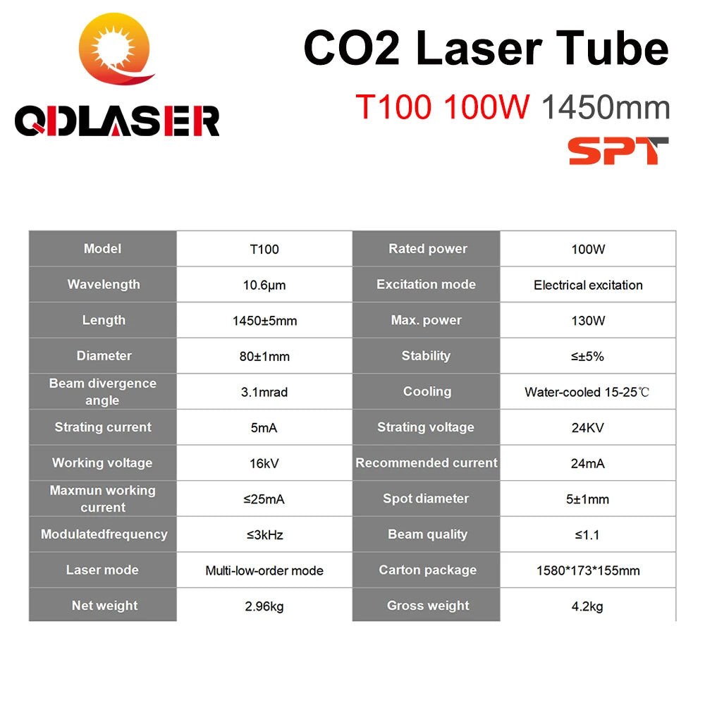 QDLASER SPT T100 100-130W Co2 Laser Tube Length 1450mm Dia 80mm for CO2 Laser Engraving and Cutting Machine