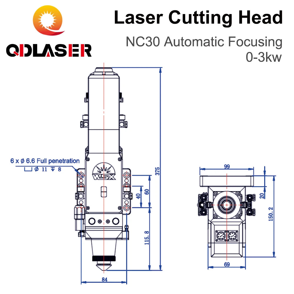 QDLASER WSX NC30 Fiber Laser Cutting Head 0-3KW Automatic Focusing Max Laser Power 3000W QBH for Metal Cutting