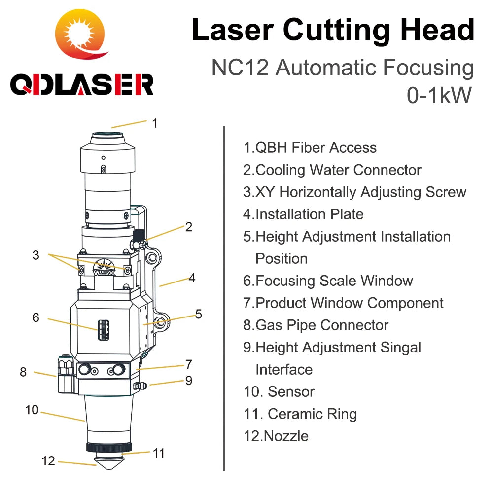 QDLASER WSX NC12 Fiber Laser Cutting Head 0-1KW Automatic Focusing 1000W QBH for Metal fiber optic cutting head