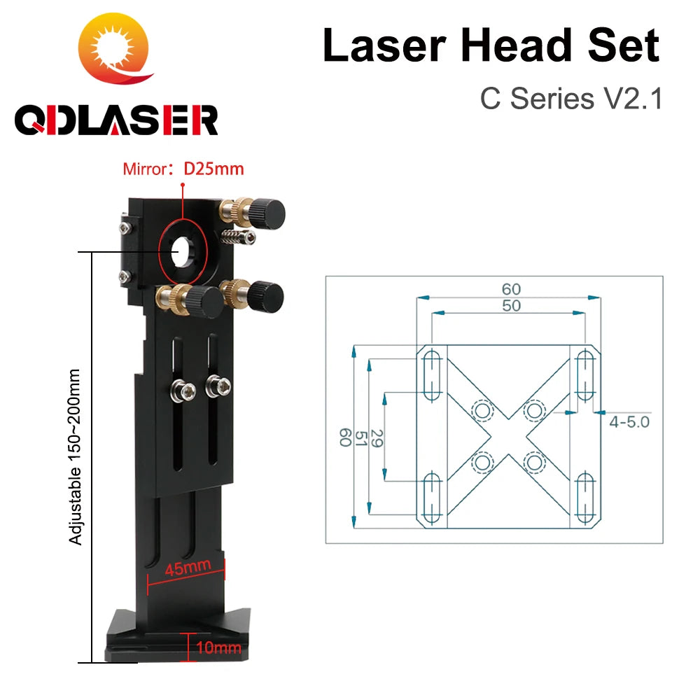 QDLASER C Series CO2 Laser Head Set Lens Integrative Mount Dia25 Mirror D18 FL38.1 D20FL50.8/63.5/101.6mm for Laser Cutting