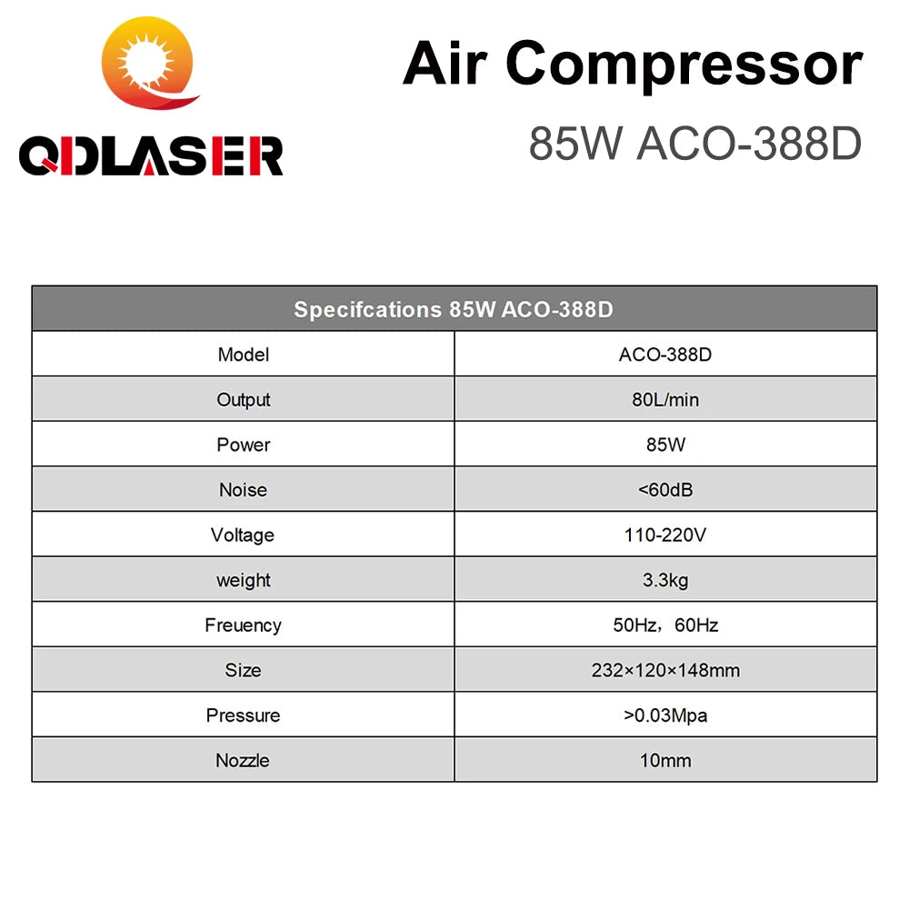 QDLASER Air Compressor 85W ACO-388D Electrical Magnetic Air Pump 110V 60HZ / 220V 50HZ for CO2 Laser Engraving Cutting Machine