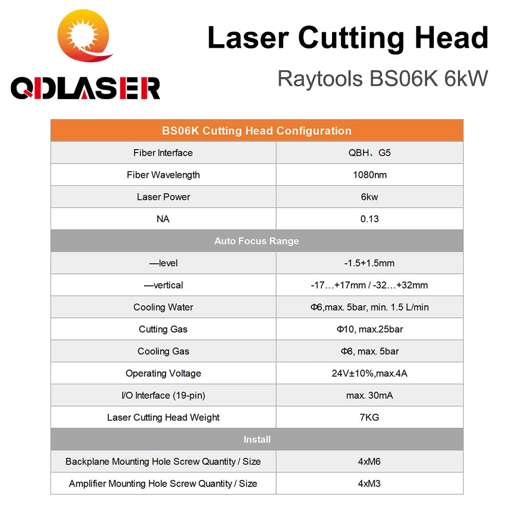 QDLASER Raytools BS06K Laser Cutting Head 6kW Cutting Head FL150/200mm Fiber Interface QBH / G5 for Fiber Laser Cutting Machine
