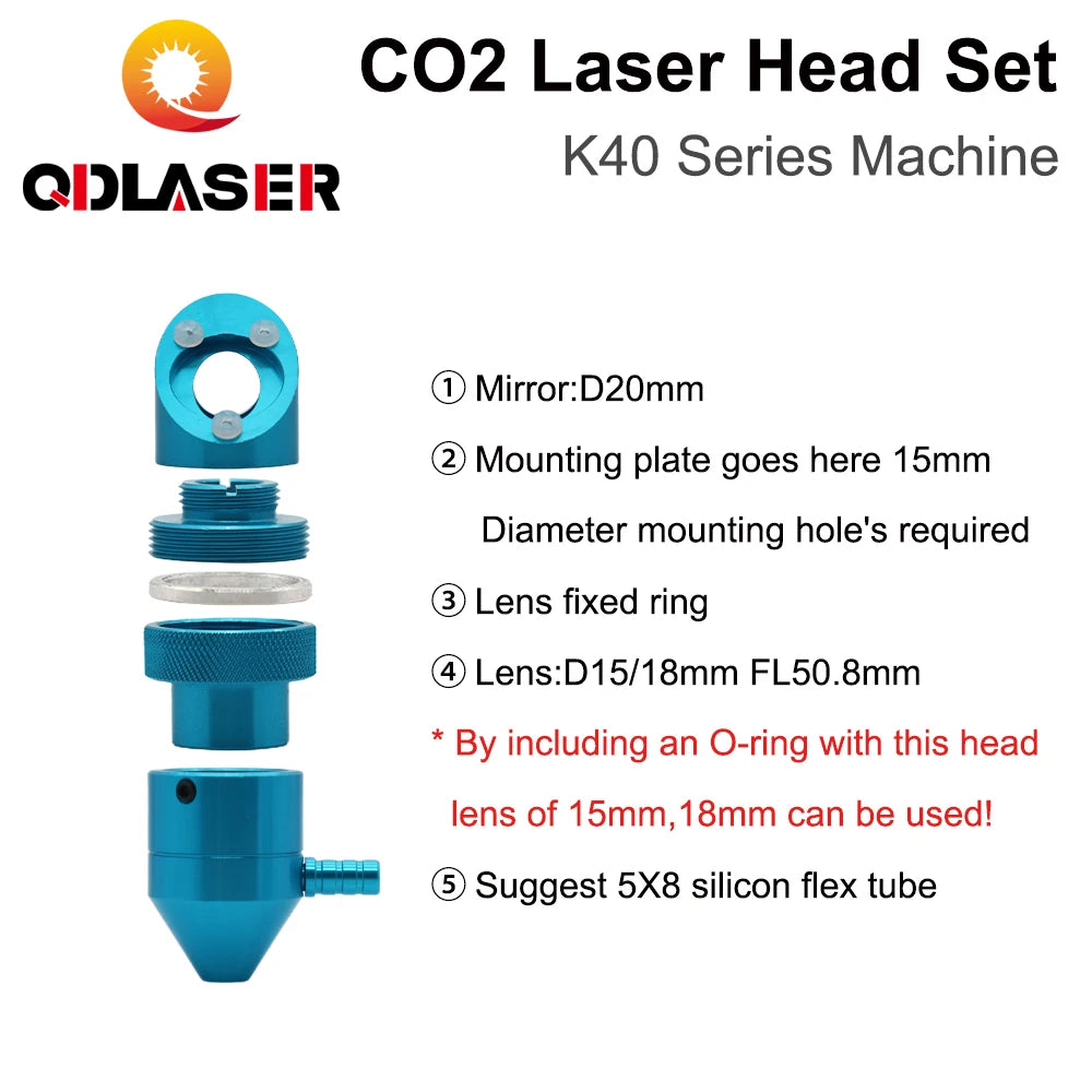 QDLASER CO2 Laser Head for K40 Series Laser Engraving Cutiing Machine Lens Dia 15/18mm Focal Length 50.8mm Mirror 20mm