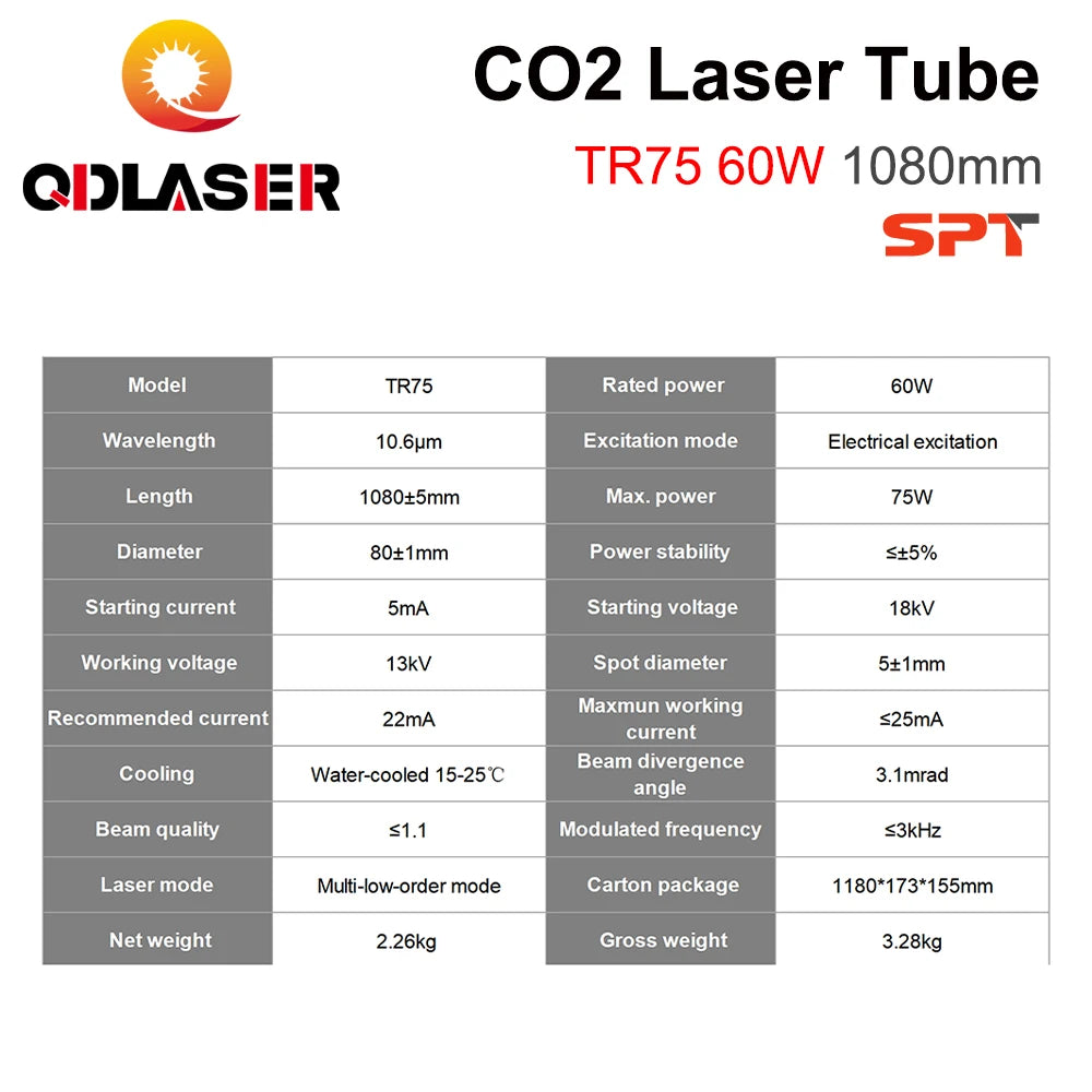 QDLASER SPT TR75 60-75W Co2 Laser Tube Length 1080mm Dia.80mm for CO2 Laser Engraving and Cutting Machine
