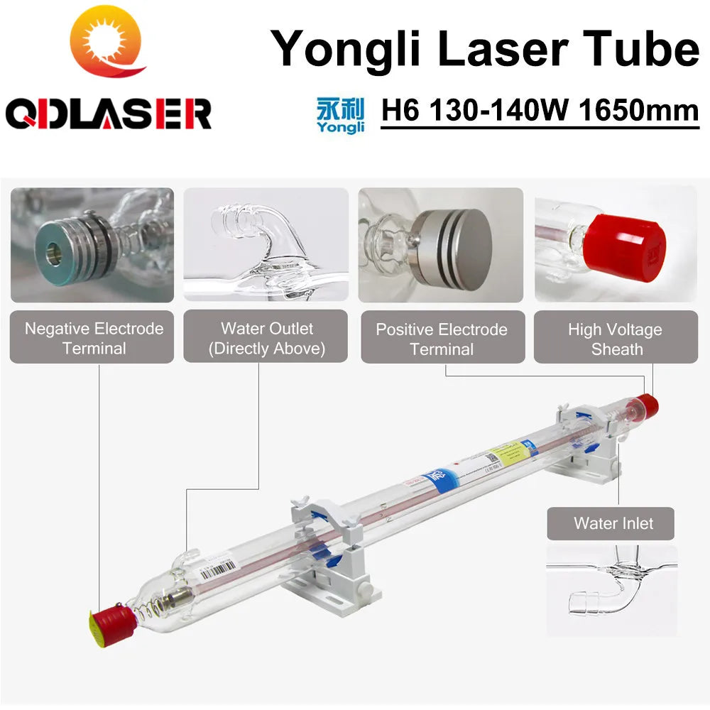 Yongli Laser Tube H6 130-140W Length 1650 Dia.70mm Co2 Glass Tube for CO2 Laser Engraving Machine