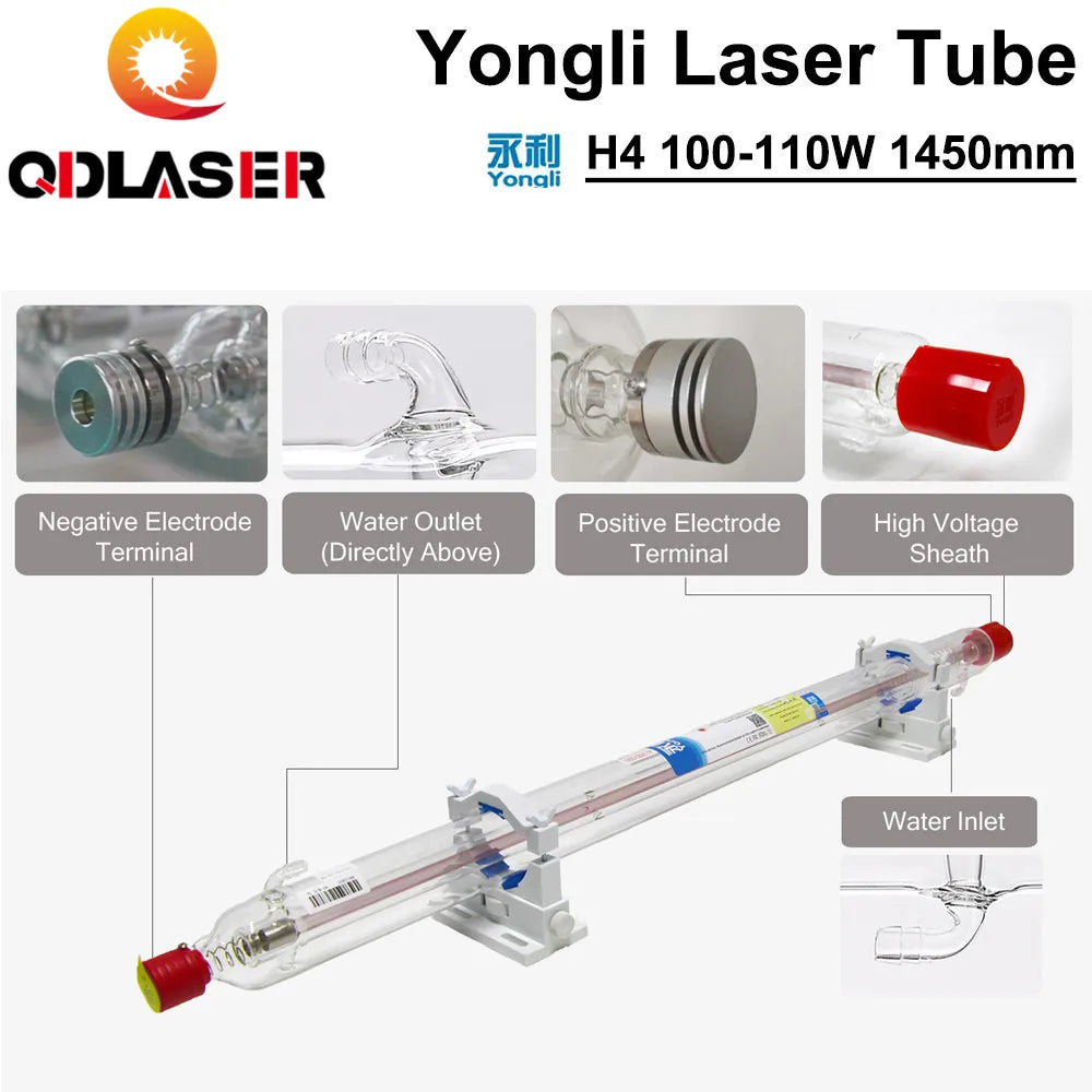 Yongli Laser Tube H4 100-110W Length 1450 Dia.60mm Wooden Box Packing for CO2 Laser Engraving Machine