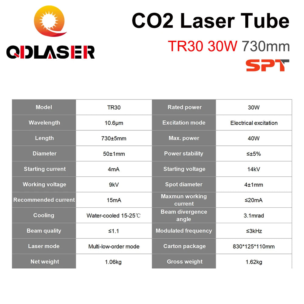 QDLASER SPT TR30 30-40W Co2 Laser Tube Length 730mm Dia.50mm for CO2 Laser Engraving And Cutting Machine