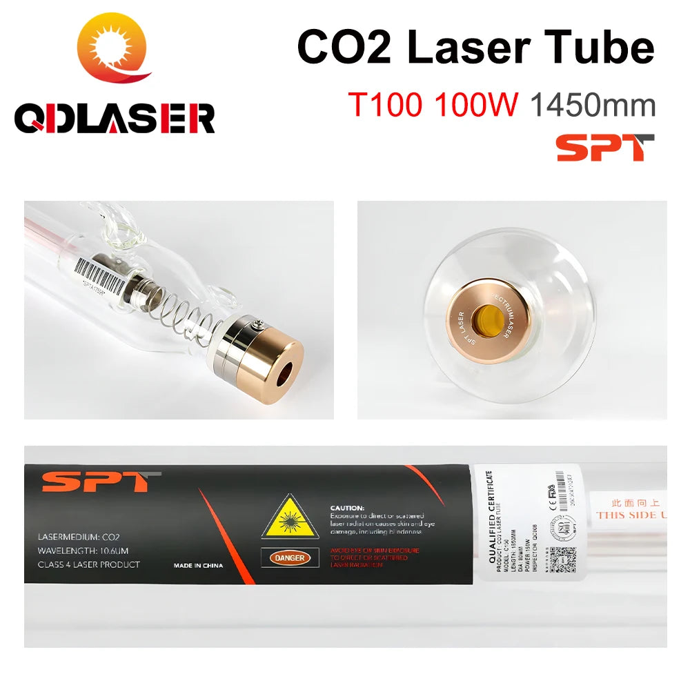 QDLASER SPT T100 100-130W Co2 Laser Tube Length 1450mm Dia 80mm for CO2 Laser Engraving and Cutting Machine