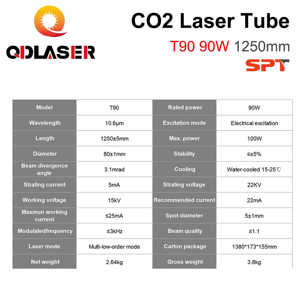 QDLASER SPT T90 90-100W Co2 Laser Tube Length 1250mm Dia 80mm for CO2 Laser Engraving and Cutting Machine