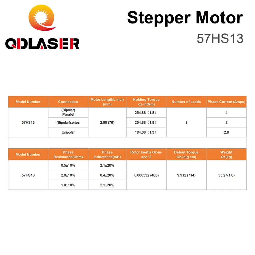 QDLASER Leadshine 57HS13 2 Phase Stepper Motor for NEMA 23 4A Length 76mm Shaft 6.35mm (0.25 Inch) 1.8N.M Holding Torque