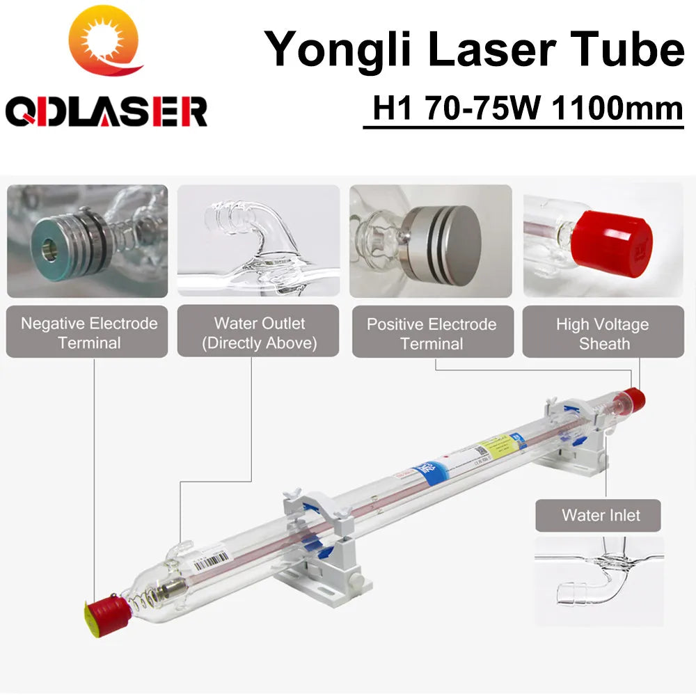 Yongli H1 60/70/80W Co2 Laser Glass Tube for Co2 Laser Engraving and Cutting Machine