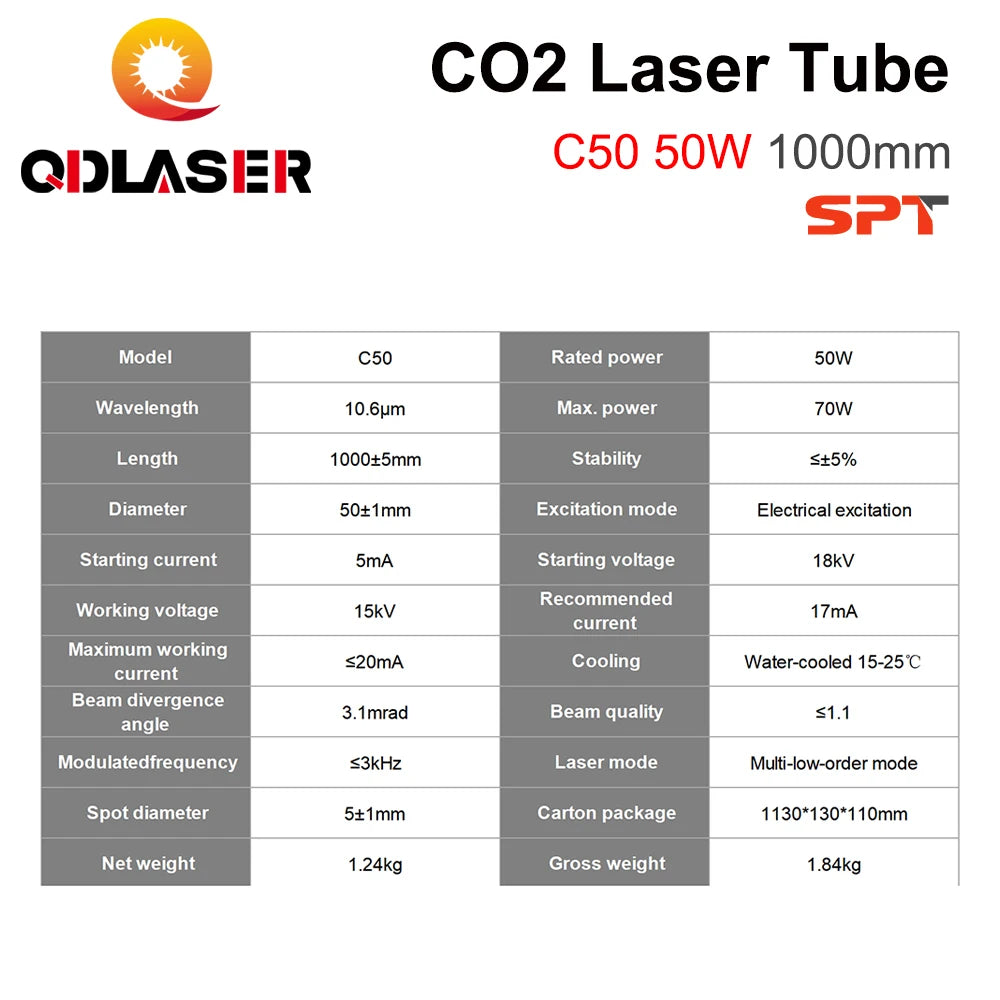 QDLASER SPT C50 50-70W Co2 Laser Tube Length 1000mm Diameter 50mm for CO2 Laser Engraving Cutting Machine