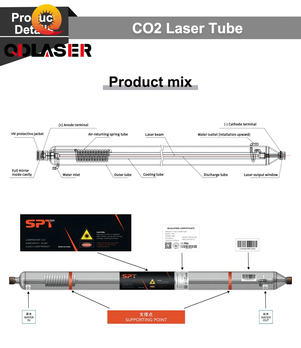 QDLASER SPT TR90 90-100W Co2 Laser Tube Length 1280mm Diameter 80mm for CO2 Laser Engraving And Cutting Machine