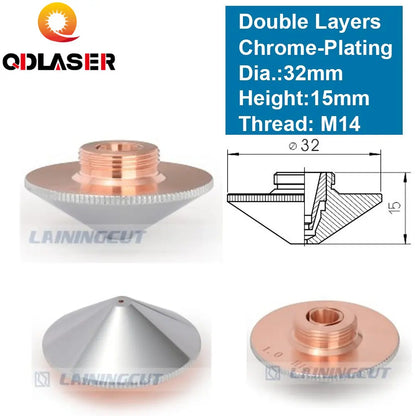 QDLASER OEM Double Layers Laser Nozzle Dia.32mm H15 M14 Caliber 0.8 - 4.0 for Precitec 1064nm Fiber Laser Cutting Head Machine