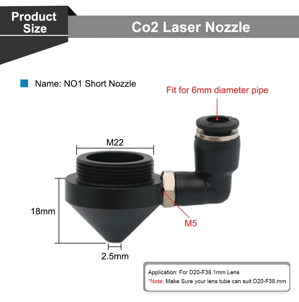 QDLASER CO2 Laser Air Nozzle for Dia.18/20mm FL38.1mm Lens CO2 Short Nozzle A with Fitting M5 for CO2 Laser Cutting Machine