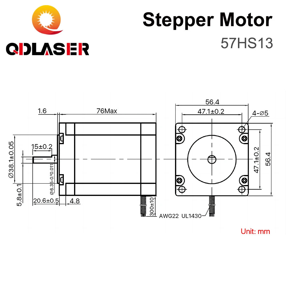 QDLASER Leadshine 57HS13 2 phase Stepper Motor for NEMA 23 4A Length 76mm Shaft 6.35mm (0.25 inch) 1.8N.M Holding Torque