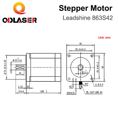 QDLASER Leadshine 863S42 3 Phase Stepper Motor for NEMA34 4.3A Length 103mm (4.06 inch) Shaft 12mm (0.472 inch)