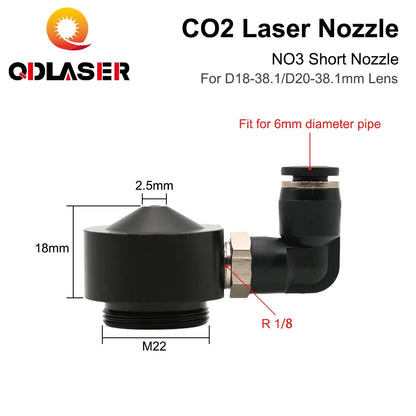 QDLASER CO2 Air Nozzle Dia.18/20mm FL38.1mm Lens Short Nozzle A with Fitting M5 for Laser Head at CO2 Laser Cutting Machine