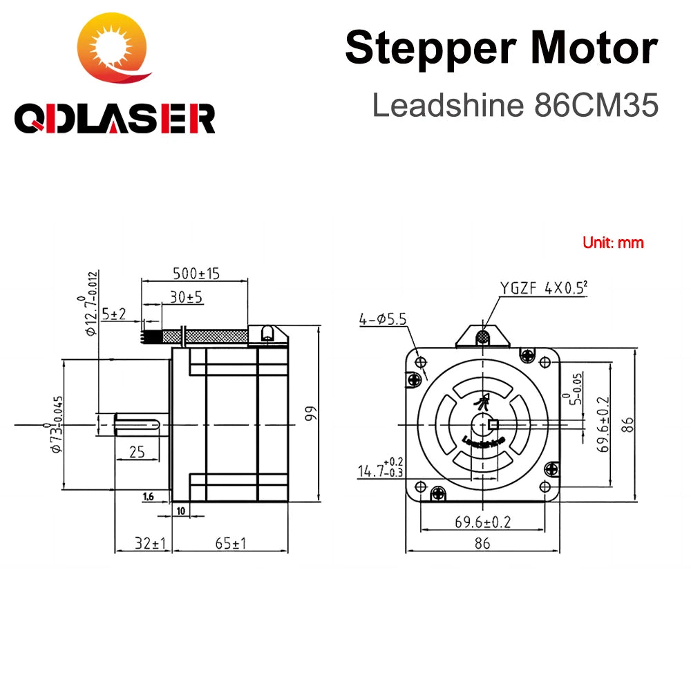 QDLASER Leadshine 86CM35 2 phase Stepper Motor for NEMA34 4A Length 65mm (2.56 inch) Shaft 12.7mm (0.5 inch)