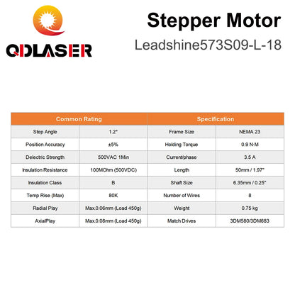 QDLASER Leadshine 573S09-L-18 3 Phase Stepper Motor for NEMA23 3.5A Length 50mm (1.97 inch) Shaft 6.35mm (0.25 inch)