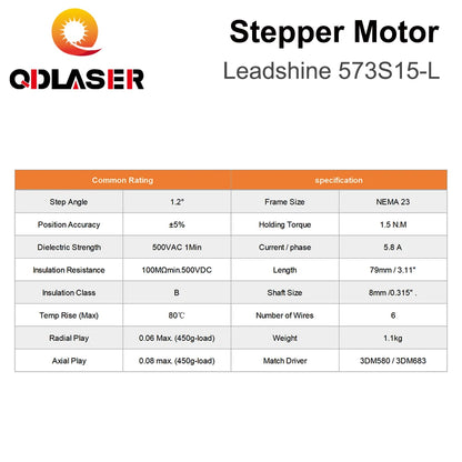 QDLASER Leadshine 573S15-L 3 phase Stepper Motor for NEMA23 5.8A length 76mm Shaft 8mm