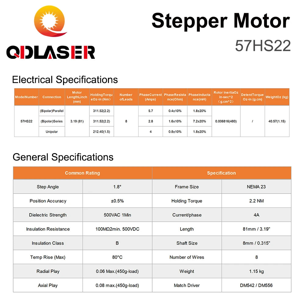 QDLASER Leadshine Stepper Motor 57HS22 NEMA 23 2-Phase Current / Phase 5.6A Length 81mm Shaft 8mm