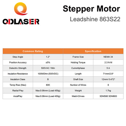 QDLASER Leadshine 3 phase Stepper Motor 863S22 for NEMA34 5A Length 71mm Shaft 12mm