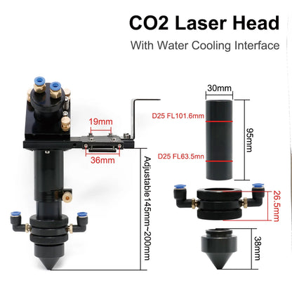 QDLASER CO2 Laser Head Set 25mm with Water Cooling Interface Mirror Dia. 30/Lens Dia. 25 FL 63.5&101.6 Integrative Mount Holder
