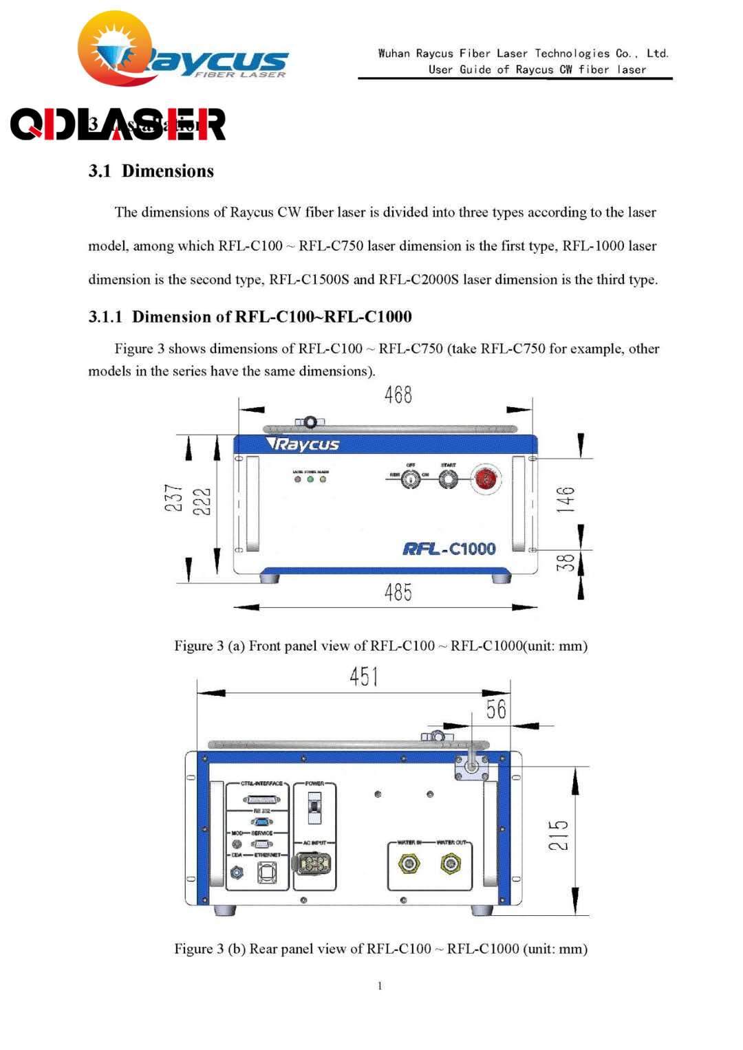 QDLASER Raycus 500-1000W Single Module CW Fiber Lasers Series 1064nm for Fiber Cutting Machine RFL-C500 RFL-C1000
