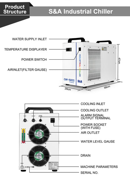 QDLASER CW5200 CW5202 S&A Water Chillers Industrial air water cooler for CO2 Laser Engraving Cutting Machine Cooling