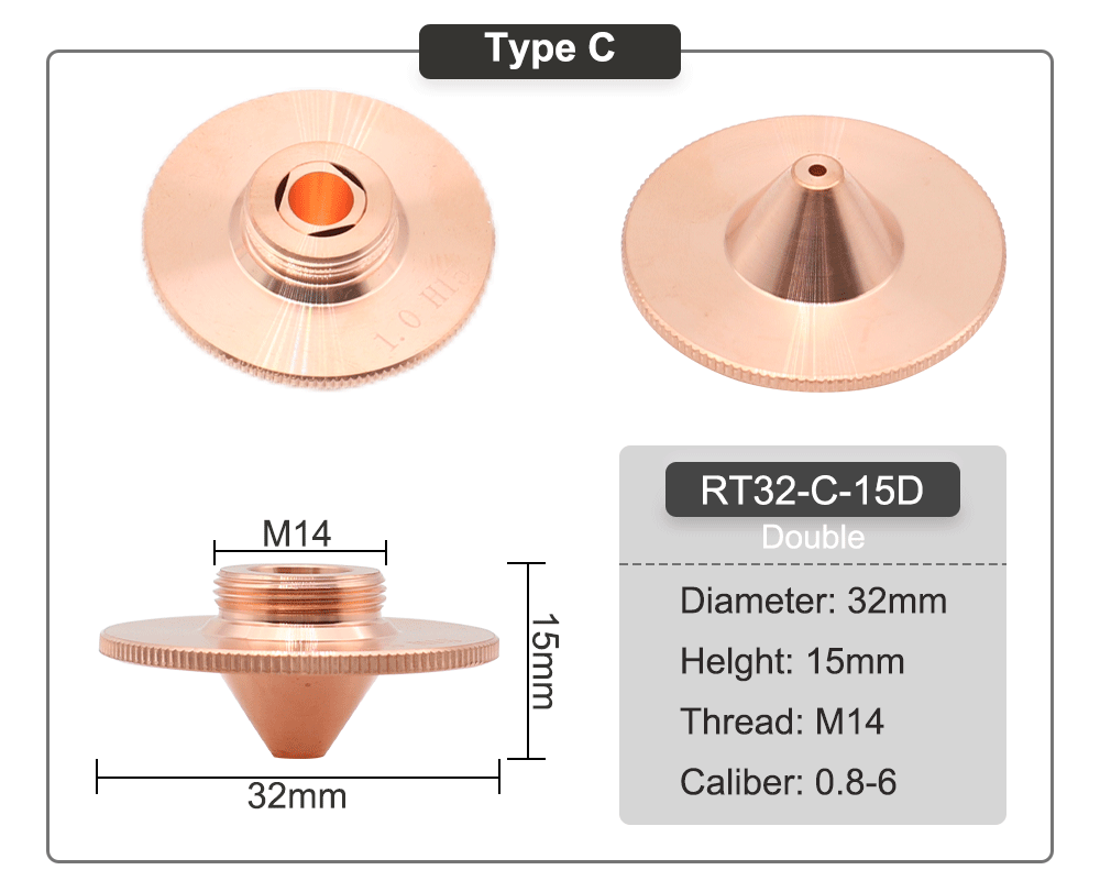QDLASER C Type TQ Laser nozzles Dia.32 H15 Single Layer Chrome-Plated Double Layers Caliber 0.8-5.0mm for Cutting Head