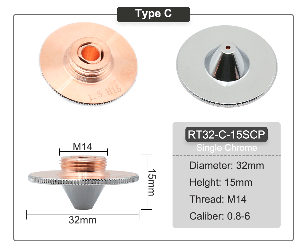 QDLASER C Type TQ Laser nozzles Dia.32 H15 Single Layer Chrome-Plated Double Layers Caliber 0.8-5.0mm for Cutting Head