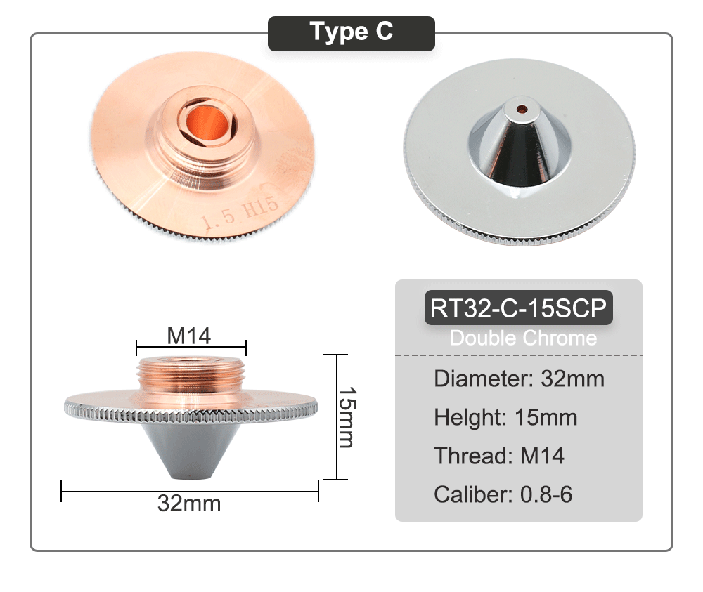QDLASER C Type TQ Laser nozzles Dia.32 H15 Single Layer Chrome-Plated Double Layers Caliber 0.8-5.0mm for Cutting Head