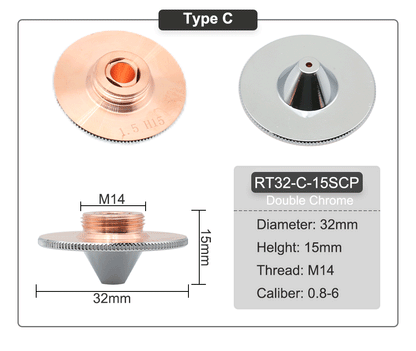 QDLASER C Type TQ Laser nozzles Dia.32 H15 Single Layer Chrome-Plated Double Layers Caliber 0.8-5.0mm for Cutting Head