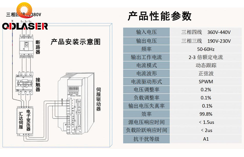 QDLASER 2KW-30KW 3-phase Intelligent Electronic Servo Transformer 380V to 220V 4KW/5KW/6KW/9KW Frequency of Use: 50HZ / 60HZ