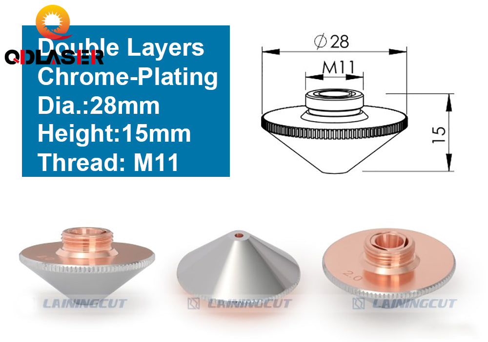 QDLASER Laser Nozzle Double Layers Chrome-plating Dia.28mm Caliber 0.8 - 4.0 OEM Precitec FIBER Cutting Head
