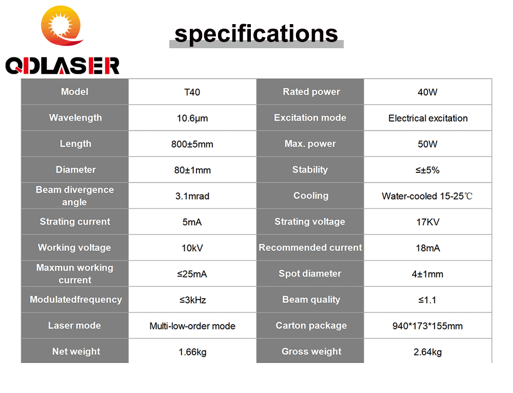 QDLASER SPT T40 40-50W Co2 Laser Tube Length 800mm Dia 80mm for CO2 Laser Engraving And Cutting Machine