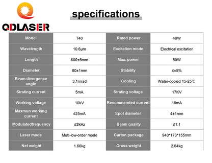 QDLASER SPT T40 40-50W Co2 Laser Tube Length 800mm Dia 80mm for CO2 Laser Engraving And Cutting Machine