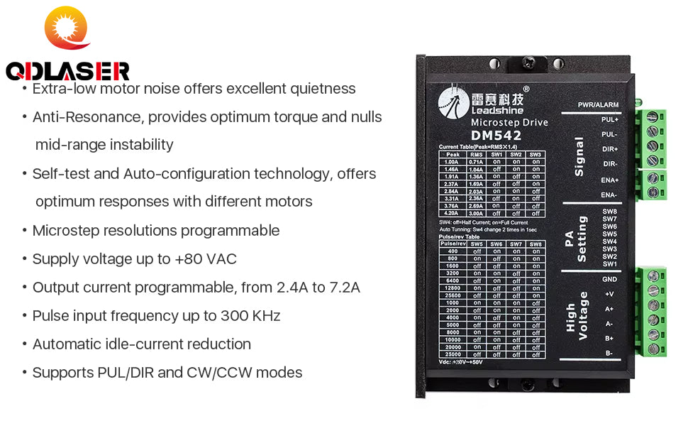 QDLASER Leadshine DM542 2 Phase Stepper Driver Suitable for 42 57 Stepper Motors Nema17 Nema23 Supply Voltage 20-50VAC 1.0-4.2A