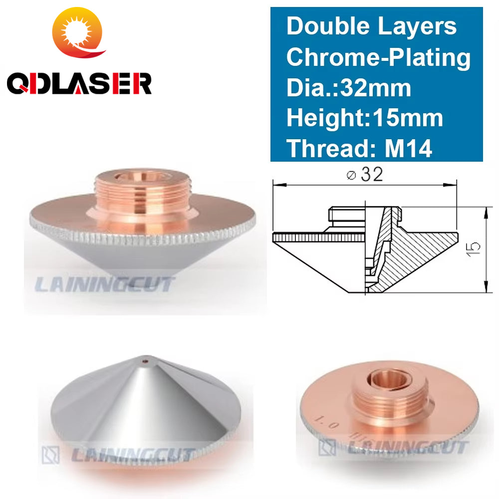 QDLASER OEM Double Layers Laser Nozzle Dia.32mm H15 M14 Caliber 0.8 - 4.0 for Precitec 1064nm Fiber Laser Cutting Head Machine