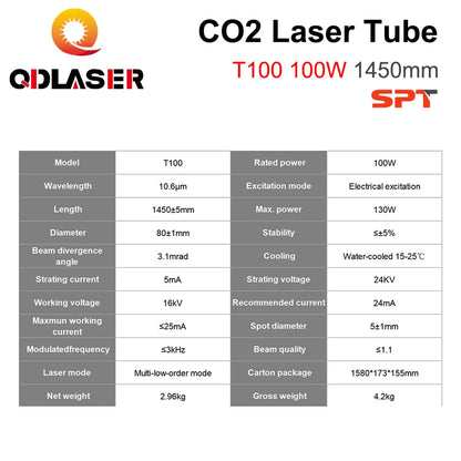 QDLASER SPT T100 100-130W Co2 Laser Tube Length 1450mm Dia 80mm for CO2 Laser Engraving and Cutting Machine