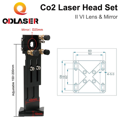 QDLASER CO2 Laser Head Set II VI Lens&Mirror D20 FL50.8  63.5  101.6mm with 25mm Mirrors for Co2 Laser Engraving Machine