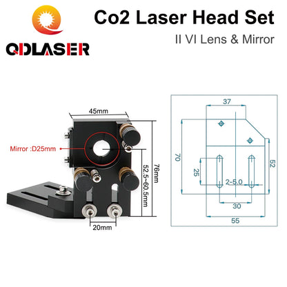 QDLASER CO2 Laser Head Set II VI Lens&Mirror D20 FL50.8  63.5  101.6mm with 25mm Mirrors for Co2 Laser Engraving Machine