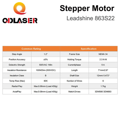 QDLASER Leadshine 3 phase Stepper Motor 863S22 for NEMA34 5A Length 71mm Shaft 12mm