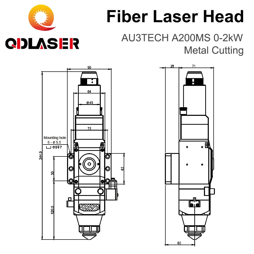 QDLASER Metal Fiber Cutting Head AU3TECH A200MS 0-2kW Automatic Focusing QBH For laser fiber cutting machines